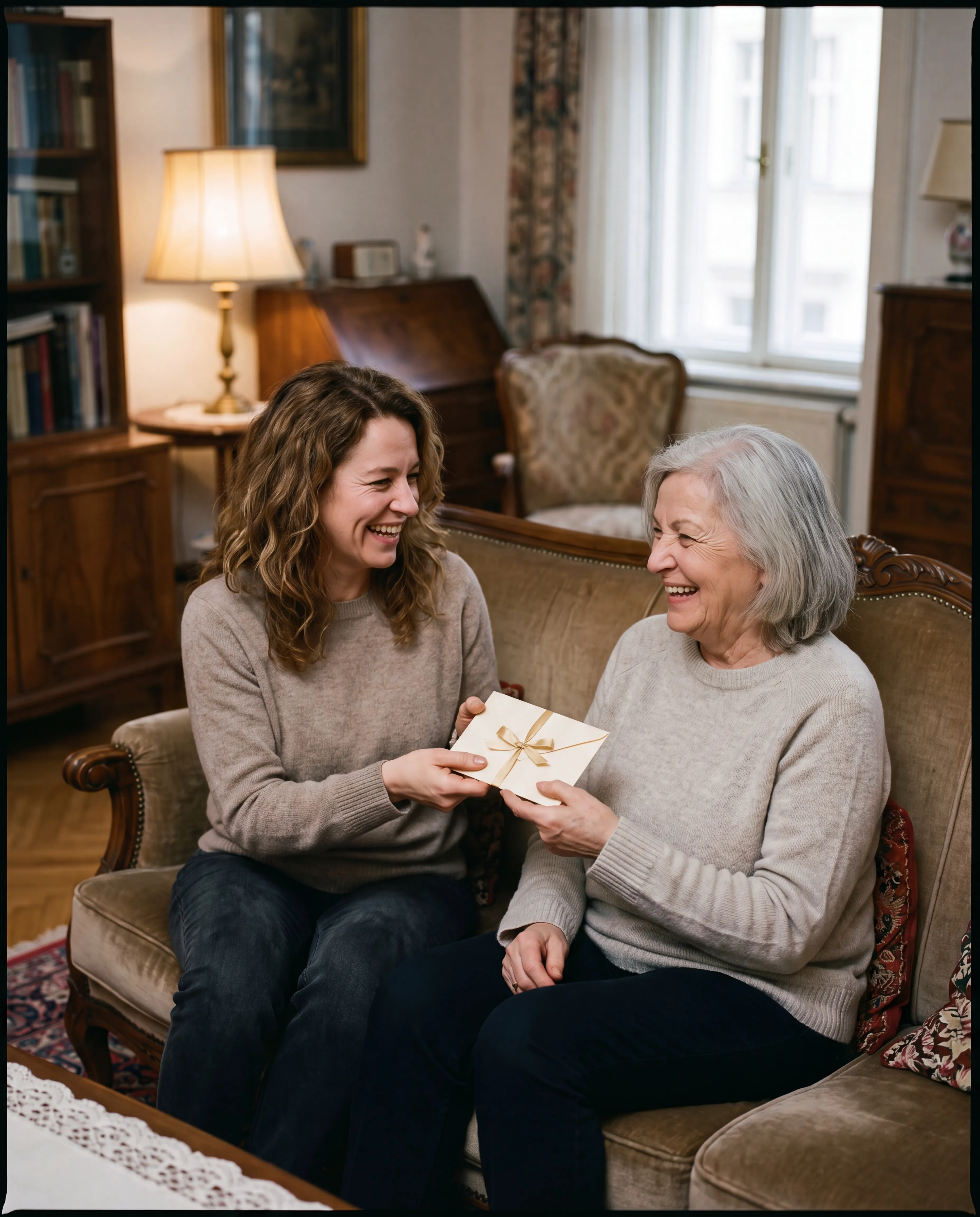 Illustration générée par IA : une fille tend à sa mère une petite enveloppe-cadeau nouée d’un ruban doré ; toutes deux rient